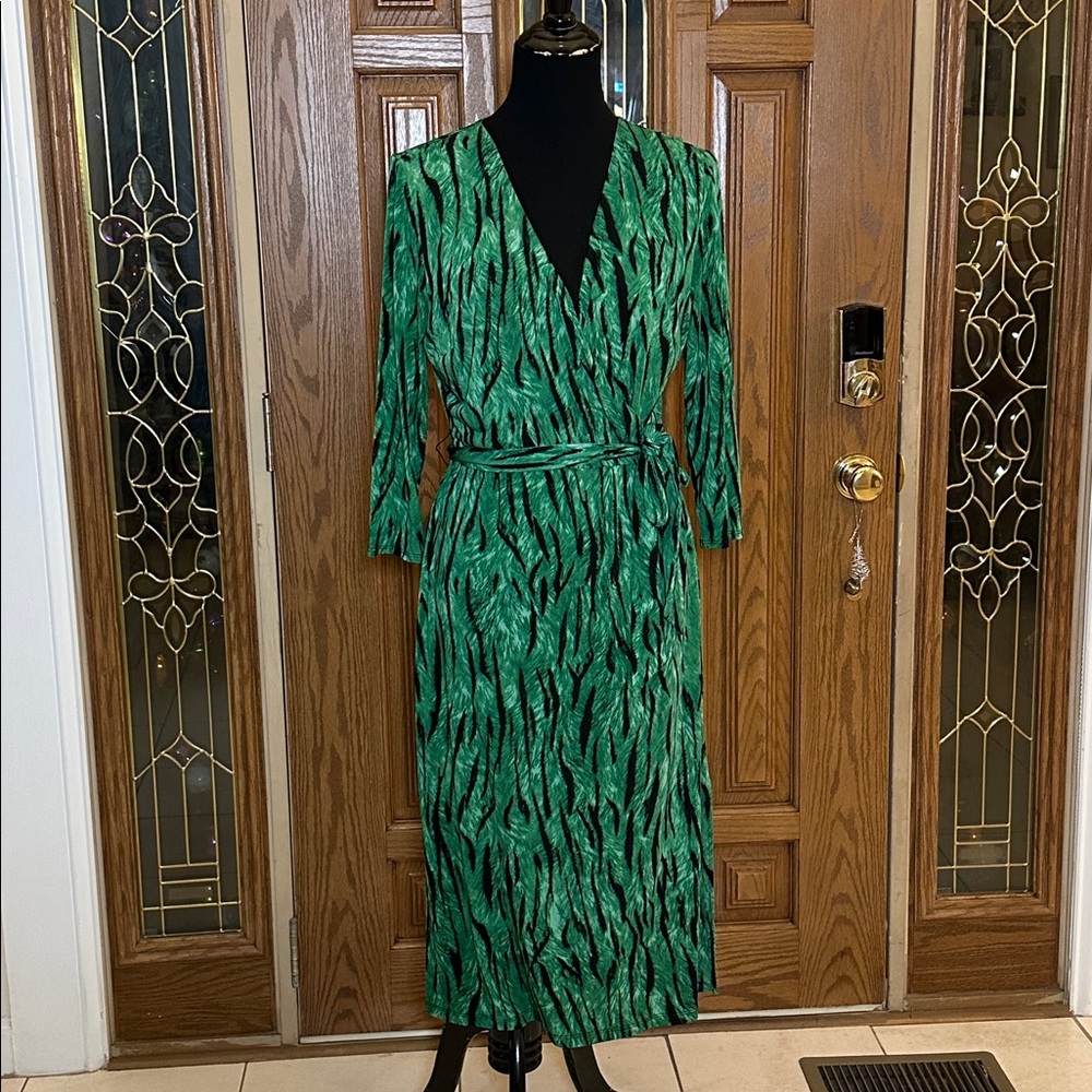 006 INC Green Animal Print Faux Wrap Dress